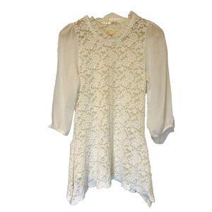 PIT White Lace Chiffon‎ Overlay Dress Romantic Ruffle Neckline 3/4 Sleeve